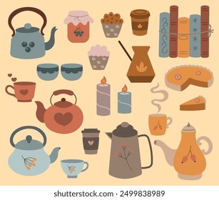 Autumn cosy set. Autumn, thanksgiving, warm moments. Clipart set for stickers, poster, banner, greeting card, flyer, invitation card, cover, template. Teapot cup books candles jam pie cakes coffee