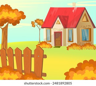 Autumn Cottage among trees, clearing and wooden fence in the foreground House in the countryside., Blue sky. Cartoon vector horizontal illustration. Gold atmosphere