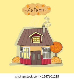 Autumn cottage hand drawn greeting card vector template. Postcard, poster layout. Fall season, countryside, autumn mood. 
