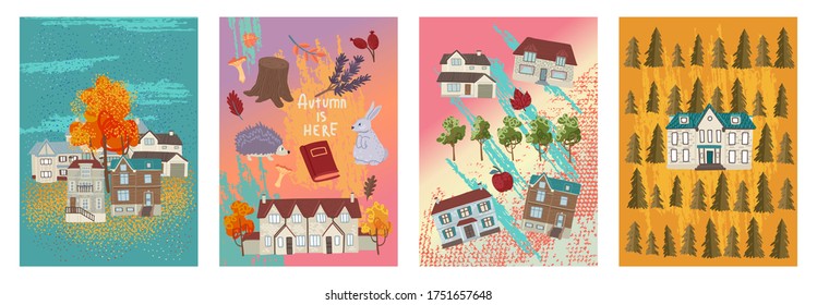 Autumn cottages. Set of square cards with houses and yellow trees. Fall month, seasonal design. Thanksgiving day. Vector illustration, design for print, cartoon kids drawings.