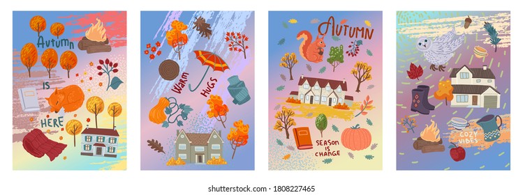 Autumn cottages. Set of square cards with houses and yellow trees. Autumn weather, seasonal design. Thanksgiving, fall days. Vector illustration, design for print, cartoon kids drawings.