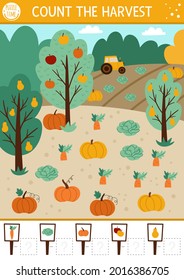 Herbstzählspiel mit Ernte im Garten oder auf dem Feld. Herbst- oder Thanksgiving-Mathematik für Vorschulkinder. Einfache, druckbare Arbeitsblatt zum Thema Landwirtschaft. Lernpuzzle für Kinder. 
