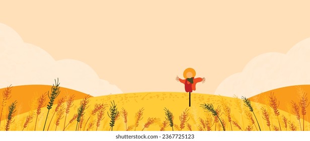 Autumn and country landscape background. Seasonal illustration vector of mountain, hill, grass, flower, cloud with watercolor, brush texture. Design for for promotion, advertising, banner, card.