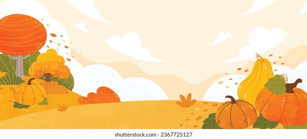 Autumn and country landscape background. Seasonal illustration vector of trees, pumpkin, mountain, cloud, grass with watercolor, brush texture. Design for for promotion, advertising, banner, card.