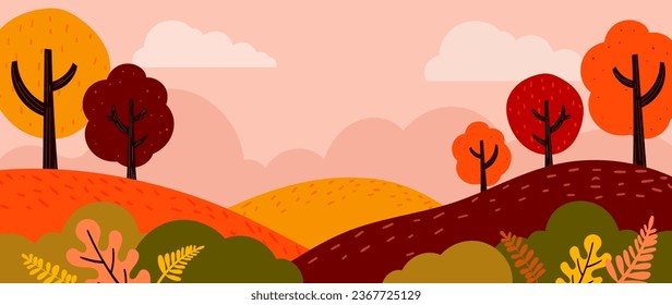 Autumn and country landscape background. Seasonal illustration vector of trees, mountain, hill, grass, cloud with watercolor, brush texture. Design for for promotion, advertising, banner, card.