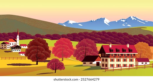 A paisagem rural do outono rabisca a paisagem com casas tradicionais, fazendas, vilarejos, colinas, florestas e montanhas ao fundo. Ilustração de vetor de desenho artesanal. Cartaz em estilo retrô. 