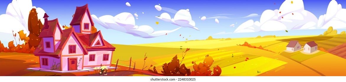 Campiña de otoño con casa, edificios de granjas, campo amarillo bajo cielo azul soleado. Dibujo vectorial del paisaje rural en otoño, tierras de cultivo bajo cultivos, follaje dorado de árboles que vuelan al aire