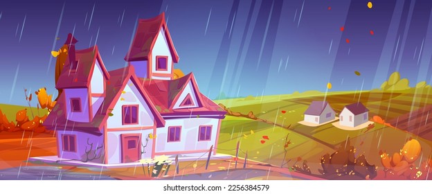 Autumn countryside with house, farm buildings, yellow field under blue sky. Vector cartoon illustration of rural rainy landscape in fall, farmland under crops, golden foliage from trees flying in air