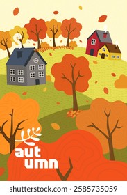 Autumn countryside landscape with golden foliage, rolling hills and peaceful village. Warm sunlight highlights colorful falling leaves. Drawing print with seasonal, nature and rural theme.