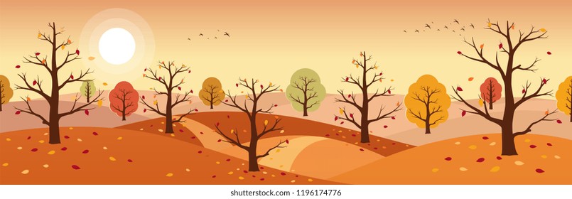 Autumn countryside landscape. Landscapes of mountains with trees and falling yellow, red foliage. Horizontal panoramic autumn landscape.