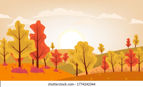 Autumn countryside landscape. Landscapes of mountains with trees and falling yellow, red foliage. Horizontal panoramic autumn landscape.