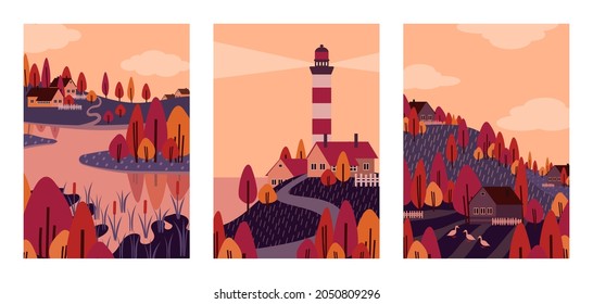 autumn countryside landscape poster set