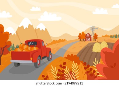 Autumn Countryside Landscape With A Red Car With Pumpkins On The Road. Farm, Field With Haystacks, Trees And Mountains. Fall Background. Flat Style Vector Illustration.