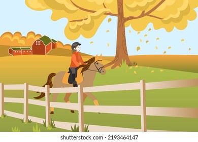 Autumn Countryside Landscape With Rider And Horse. Fall In Village.  Leaf Fall, Wooden Fence. Horseback Riding At The Autumn Field. Flat Vector Illustration.