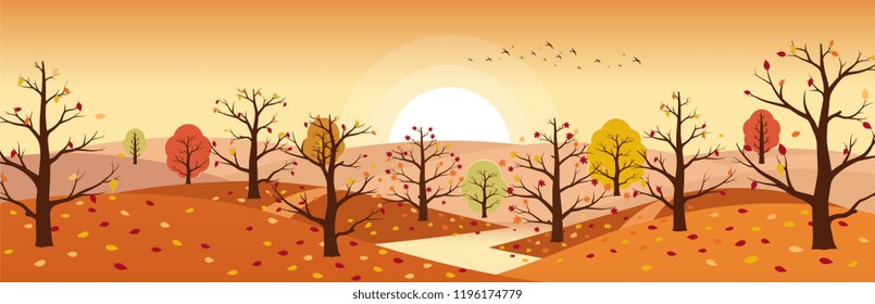 Autumn countryside landscape with river. Landscapes of mountains with trees and falling yellow, red foliage. Horizontal panoramic autumn landscape.