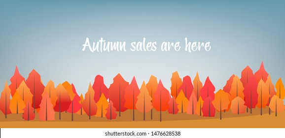 Autumn countryside landscape. Vector illustration with blue sky and autumn trees on yellow field.