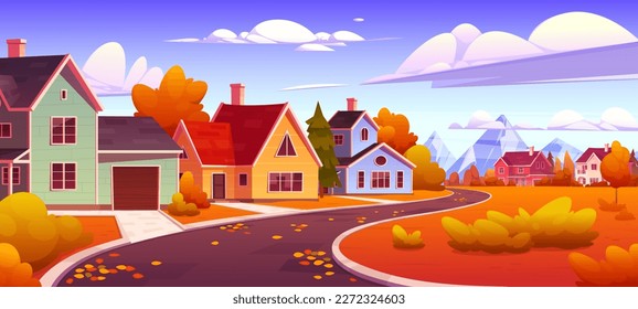 Herbstlandschaft mit Dorfhäusern und Bergen. Landzunge mit Hütten, Orangenbäumen, Gras und Straße im Herbst, Vektorgrafik-Illustration