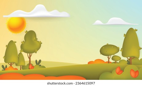 Autumn countryside landscape with yellow, red trees in 3d style. Vector illustration. Fall scene, october field with yellowing trees.