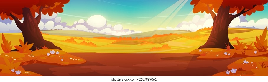 Autumn countryside with orange trees, agriculture fields and road. Vector cartoon illustration of rural landscape, country panorama with farmlands, grass and trees in fall