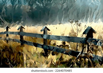 Autumn Countryside Print. Vector Illustration with Yellow Grass Field and Wooden Fence.No People.  Rural Scenery with Wooden Fence in the Dray Grass.