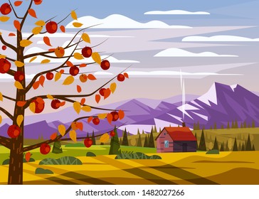 Autumn countryside rural landscape apple tree landscape fruit harvest season forest farm house fall panorama horizon romantic mood. Illustration vector isolated banner poster postcard trend flat