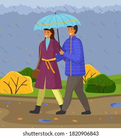 Otoño, un par de chicas felices y chicos con paraguas abrazándose caminando por el parque bajo la lluvia, los jóvenes adultos disfrutan del clima lluvioso, actividad al aire libre, sombrío, nublado día nublado, ocio al aire libre