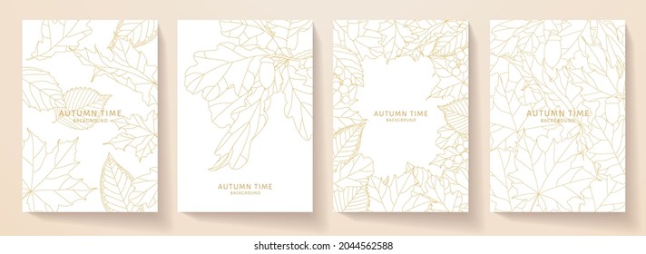 Autumn cover, frame design set. Decorative vector template with leaf fall (orange leaves of maple, oak) on white background. Floral line pattern for invitation card, poster a4, notebook page