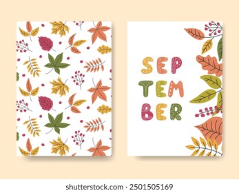 Autumn cover, poster, banner, card set. Fall Leaves Frame pattern Background. September hand lettering. Abstract Doodle autumnal illustration with falling leaf. Vector illustration