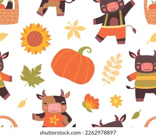 Autumn cow seamless pattern. Repeating design element for printing on fabric. Autumn and fall season, sunflowers and pumpkin, harvest. Farming and agriculture. Cartoon flat vector illustration
