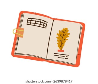 Autumn coziness, herbarium. Diary with dry plants and inscriptions. Paper journal. Education, knowledge, study concept, Cozy autumnal reading. Hygge time at home