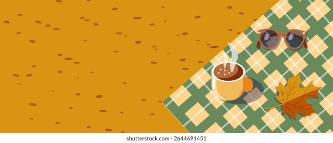 Autumn cozy background, outdoor leisure activities with copy space. Includes: plaid blanket, hot drink, glasses, maple leaf. Suitable for autumn events and holidays, banners, posters, invitation cards