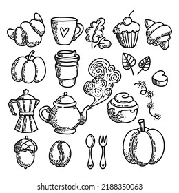 Autumn cozy coffee and sweets vector outline icons, hand drawn set of objects and symbols in sketch style for coffee shop and bakery