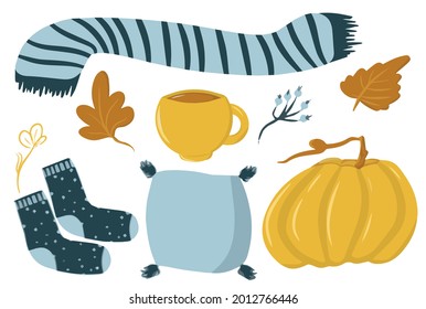 Autumn cozy collection of elements, set with mug, scarf, pillow, socks, pumpkin, pumpkin drink, autumn leaves, home collection for cozy evening, cute illustration, cartoon style, hygge autumn, vector