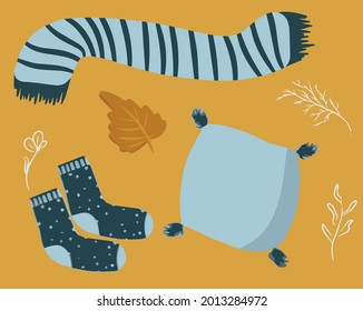 Autumn cozy collection of elements, set with scarf, socks, pillow and botanical elements, home collection for a cozy evening, cute illustration, cartoon style, hygge autumn, vector