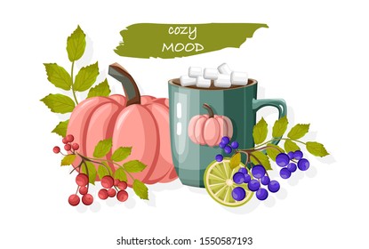 Autumn cozy composition with cup of hot chocolate with marshmallows. Red and blue berries and pumpkins. Organic and healthy lifestyle vector