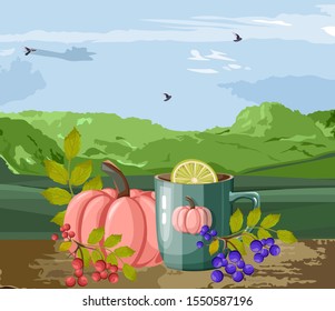 Autumn cozy composition with cup of hot chocolate. Red and blue berries and pumpkins. Green mountains and cloudy sky with birds. Organic and healthy lifestyle vector