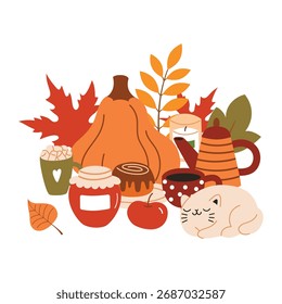 Autumn cozy composition.Warm fall collection with tea, coffee, blanket and cat and soft armchair. Vector flat cartoon illustration