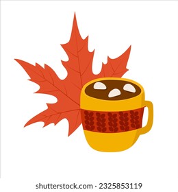 Autumn Cozy Cup of Coffee with Marshmallows. Cartoon Hot Drink  for print, cards and banners. Vector illustration