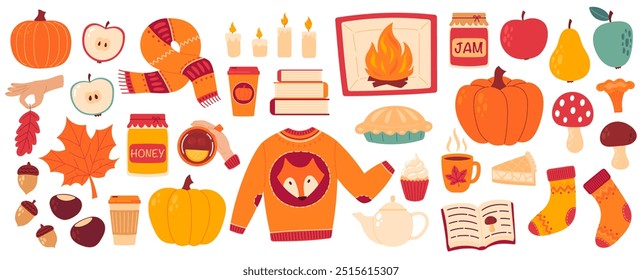 Autumn cozy design elements. Set of fall leaves, foliage apples, pumpkins, knitted socks, sweater, scarf, books, home bakery, coffee and tea cup. Flat Vector illustration isolated on white background