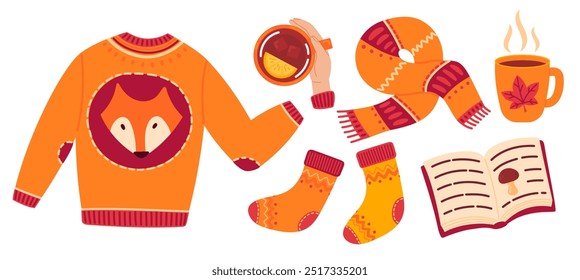 Elementos de diseño acogedores de otoño. Conjunto de calcetines de punto, suéter con zorro, bufanda, libros, café y taza de té. Colección de pegatinas de otoño. Ilustración vectorial plana aislada sobre fondo blanco