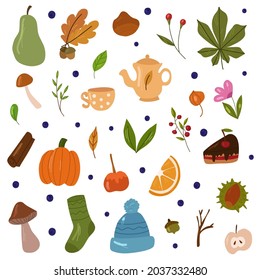 Elementos de diseño acogedores de otoño. Ilustración de dibujos animados a mano del vector.