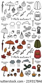 Autumn cozy doodle elements collection. Hand drawn isolated stickers sweaters, branches, umbrellas, leaves, pumpkins, clouds. Cute autumn vector illustration clip art