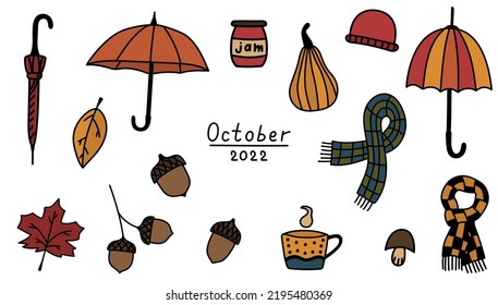 Autumn cozy doodle elements set. Hand drawn isolated stickers umbrellas, pumpkin, acorns, scarves. Fall vector illustration october 2022