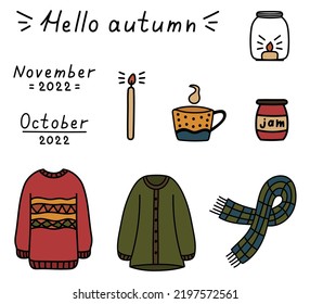 Autumn cozy doodles set. Hand drawn isolated stickers sweaters, scarves, candels, mug, jam. Fall vector illustration clip art