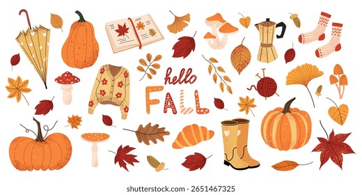 Autumn cozy elements collection. Fall leaves, pumpkins, mushrooms, warm sweater, umbrella, boots, socks, tea time and croissant. Cute seasonal vector set isolated on white background.