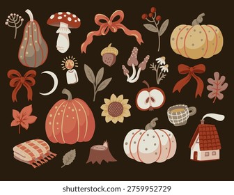 Autumn cozy elements collection with pumpkins, mushrooms, leaves, bows, candle, acorn and rustic objects on dark background. Warm seasonal illustration set with hygge mood. Perfect for stickers, prints, packaging, textile and fall themed designs.
