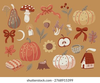 Autumn cozy elements collection with pumpkins, mushrooms, leaves, bows, candle, acorn and rustic objects on dark background. Warm seasonal illustration set with hygge mood. Perfect for stickers, prints, packaging, textile and fall themed designs.