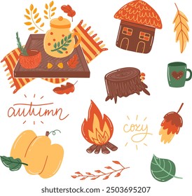 Autumn Cozy Elements with Leaves, Pumpkin, and Fire