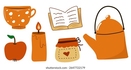 Autumn cozy elements set with book, candle, teapot, jar and mug.