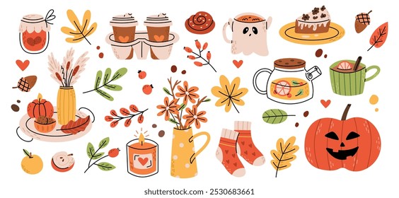 Autumn cozy elements set. Fall stickers. Leaves, pumpkin, beverages, leaves, flowers. Flat vector illustration isolated on white background.